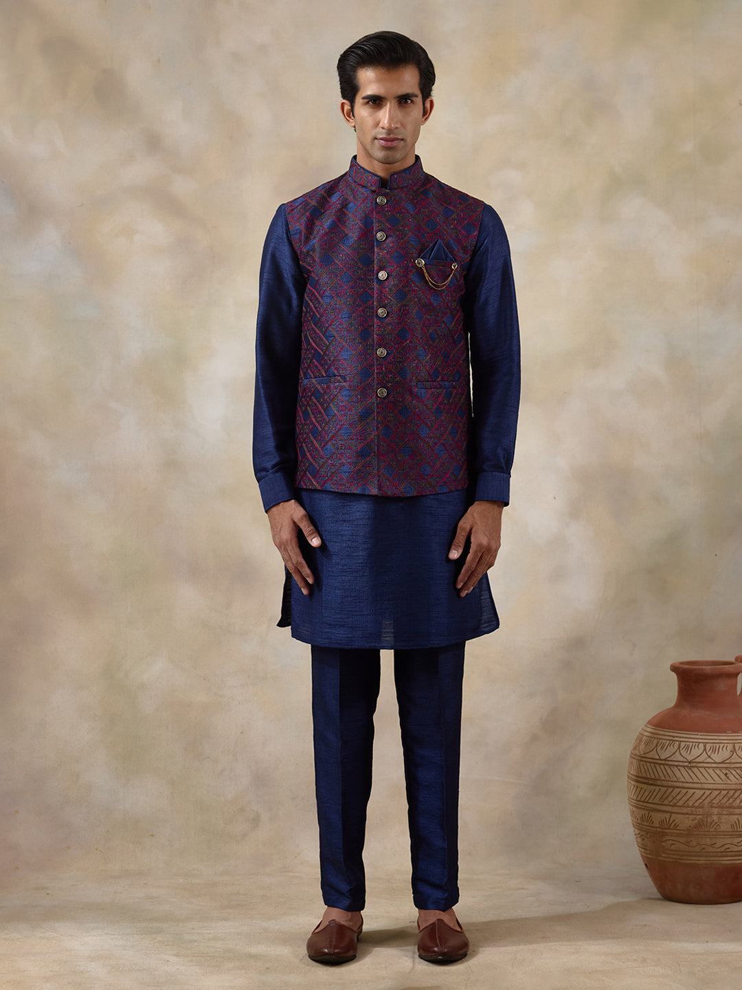 Blue Red Patterned Men's Kurta Set