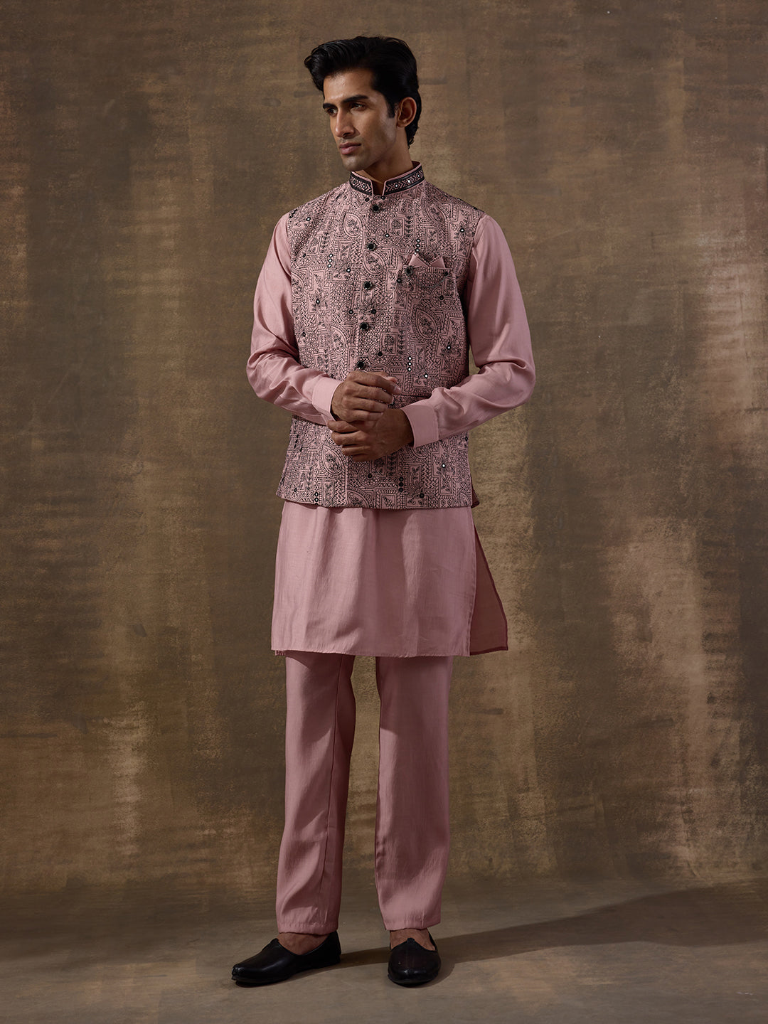 Peach Black Embroidered Men's Kurta Set