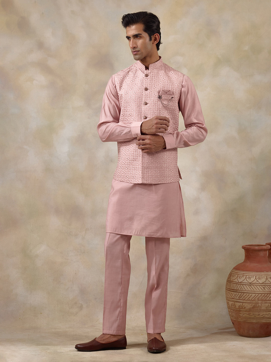 Peachy Peach Embroidered Men's Kurta Set