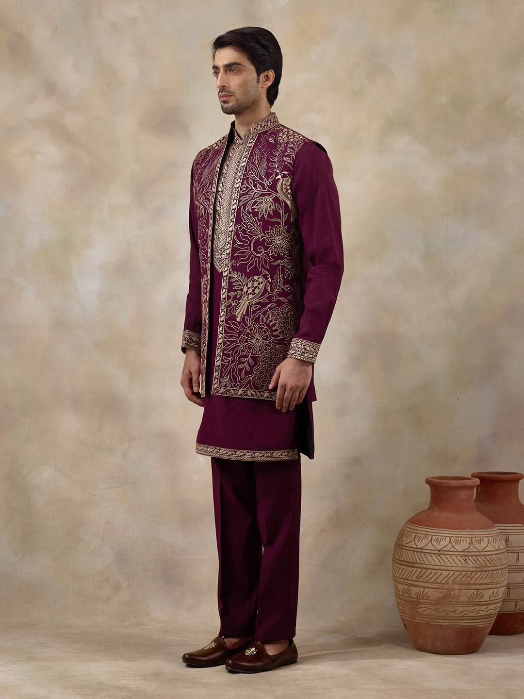Wine Purple Bird Embroidered Men's Kurta Set with Long Jacket