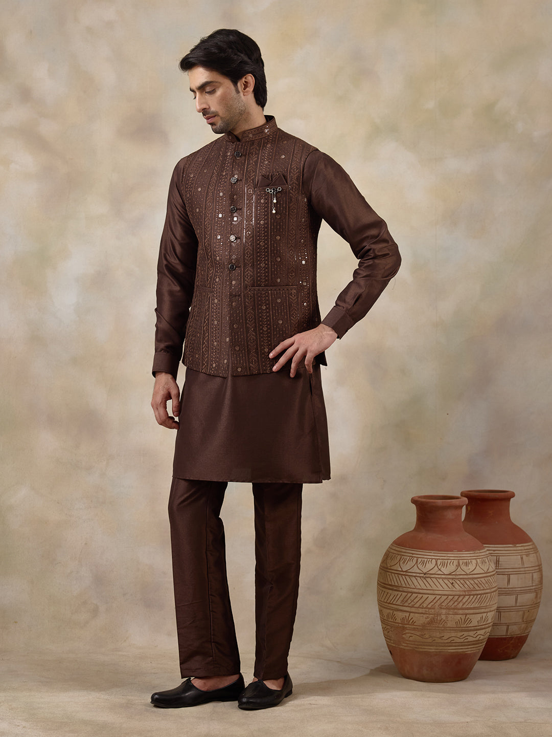 Coffee Brown Sequineed Men's Kurta Set