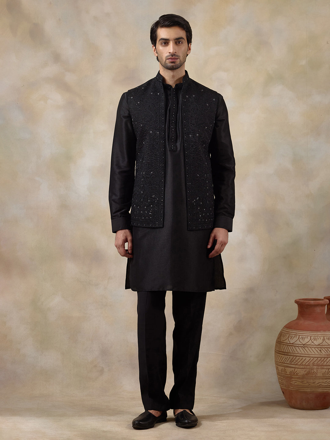 Midnight Black Sequinned Men's Kurta Set with Long Jacket