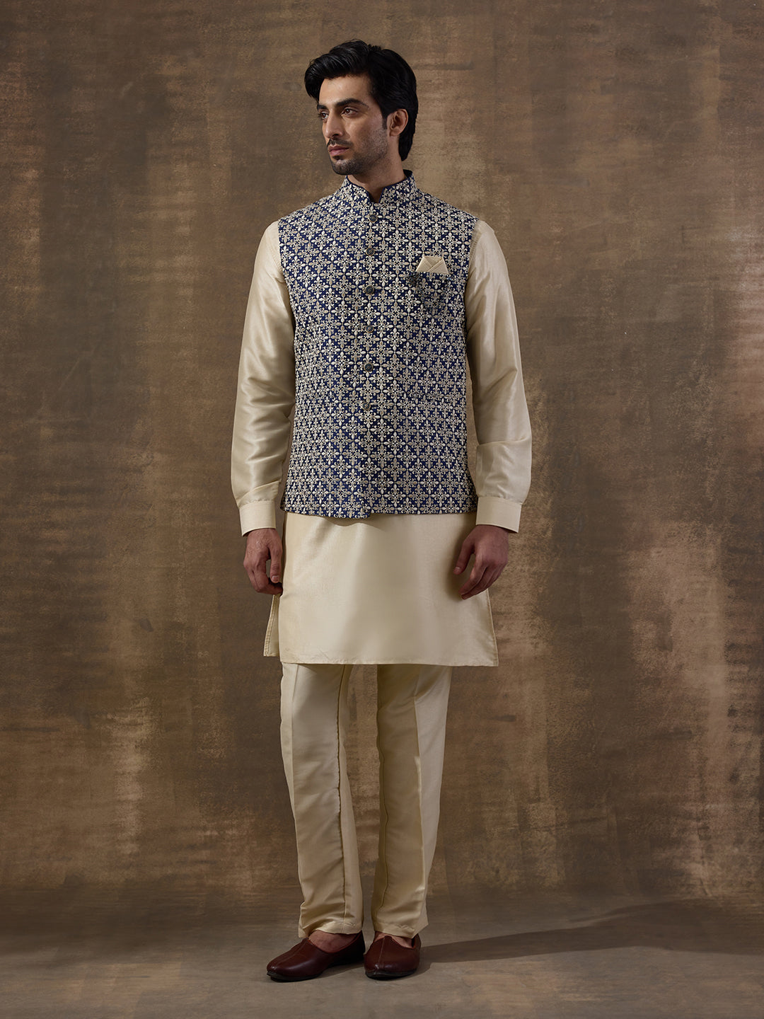 Traditional Motifs Beige Embroidered Men's Kurta Set