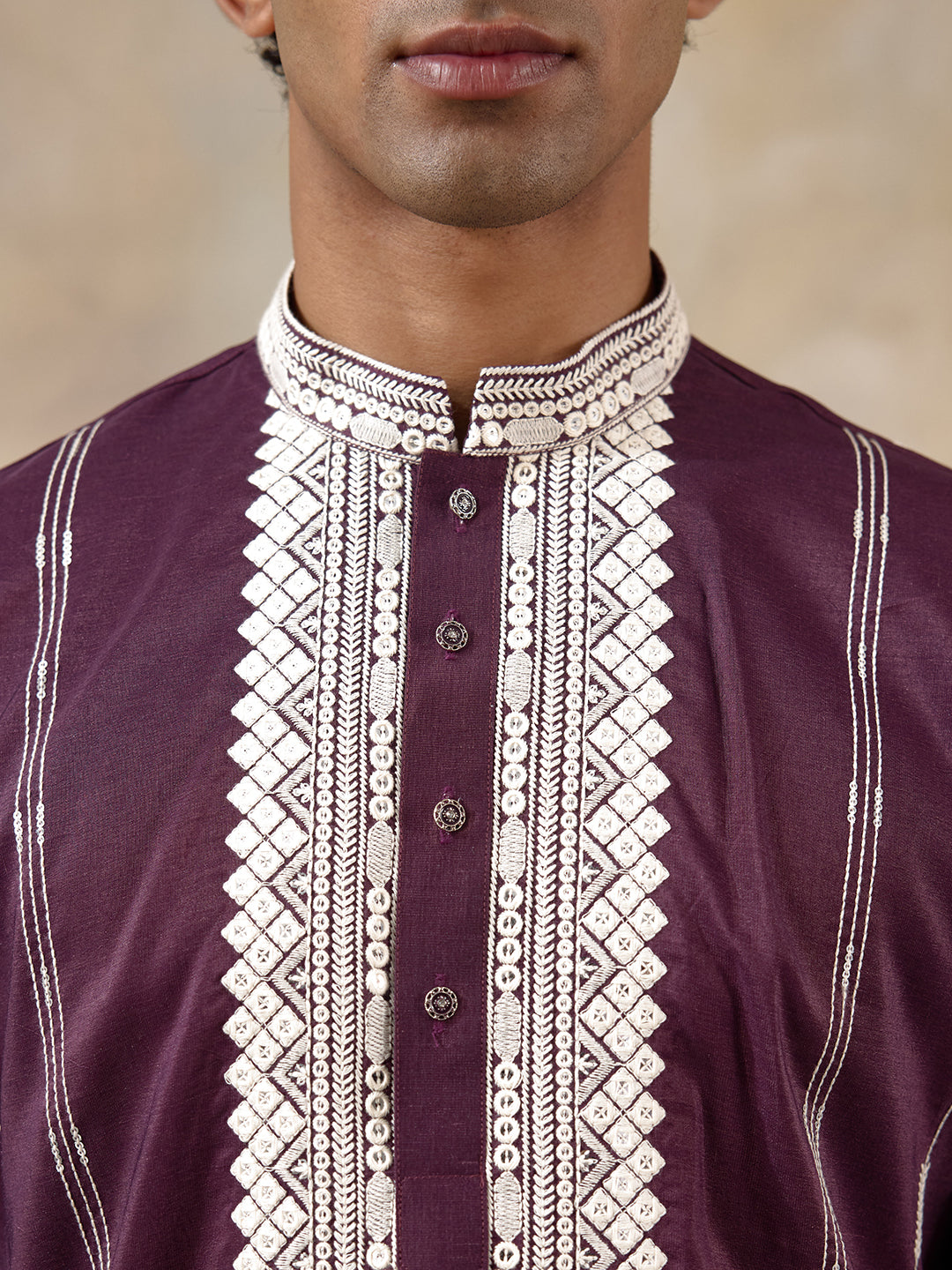 Purple Chikankari Embroidered Men's Kurta Set with Long Jacket