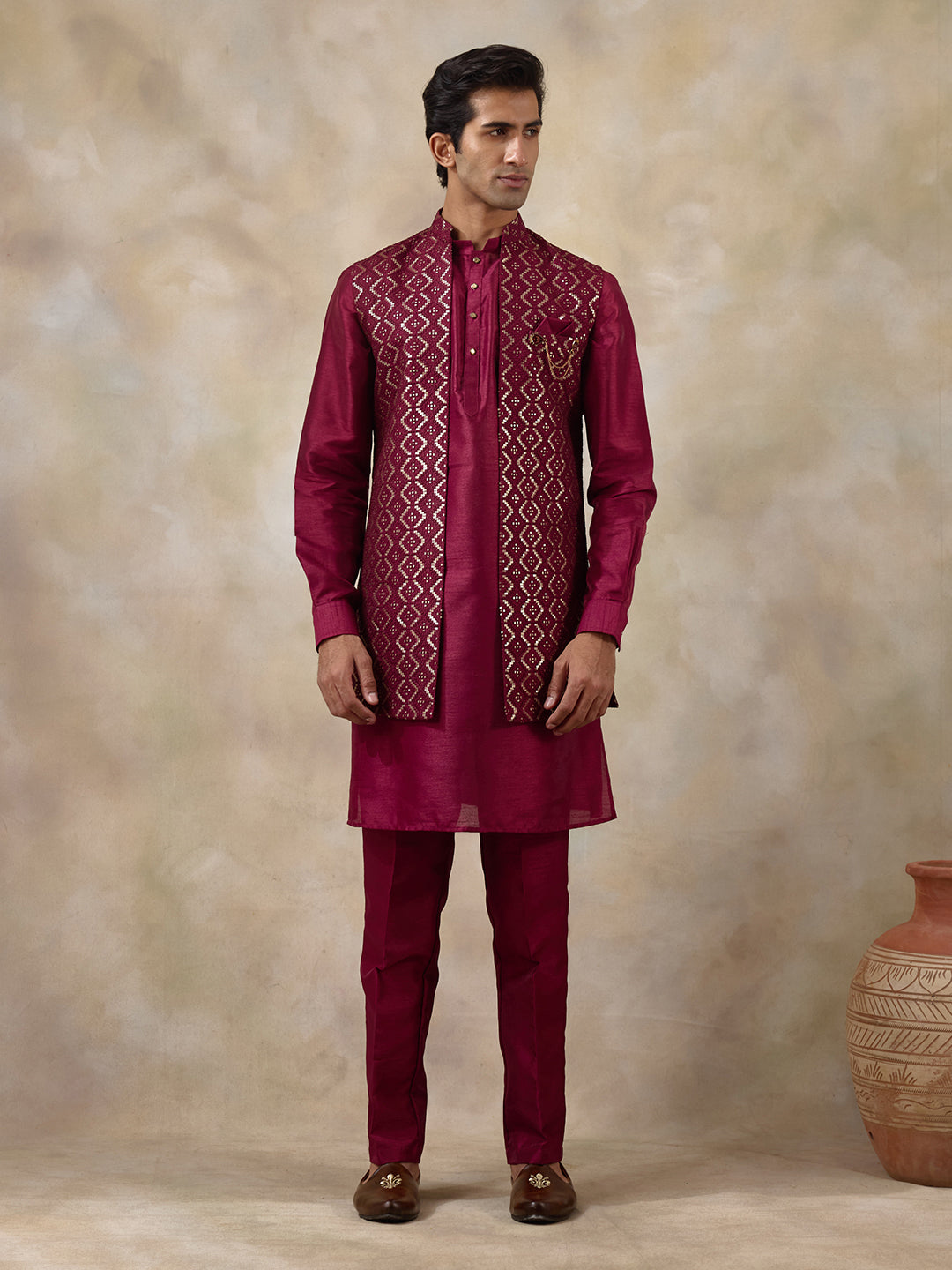 Deep Wine Sequinned Men's Kurta Set with Long Jacket
