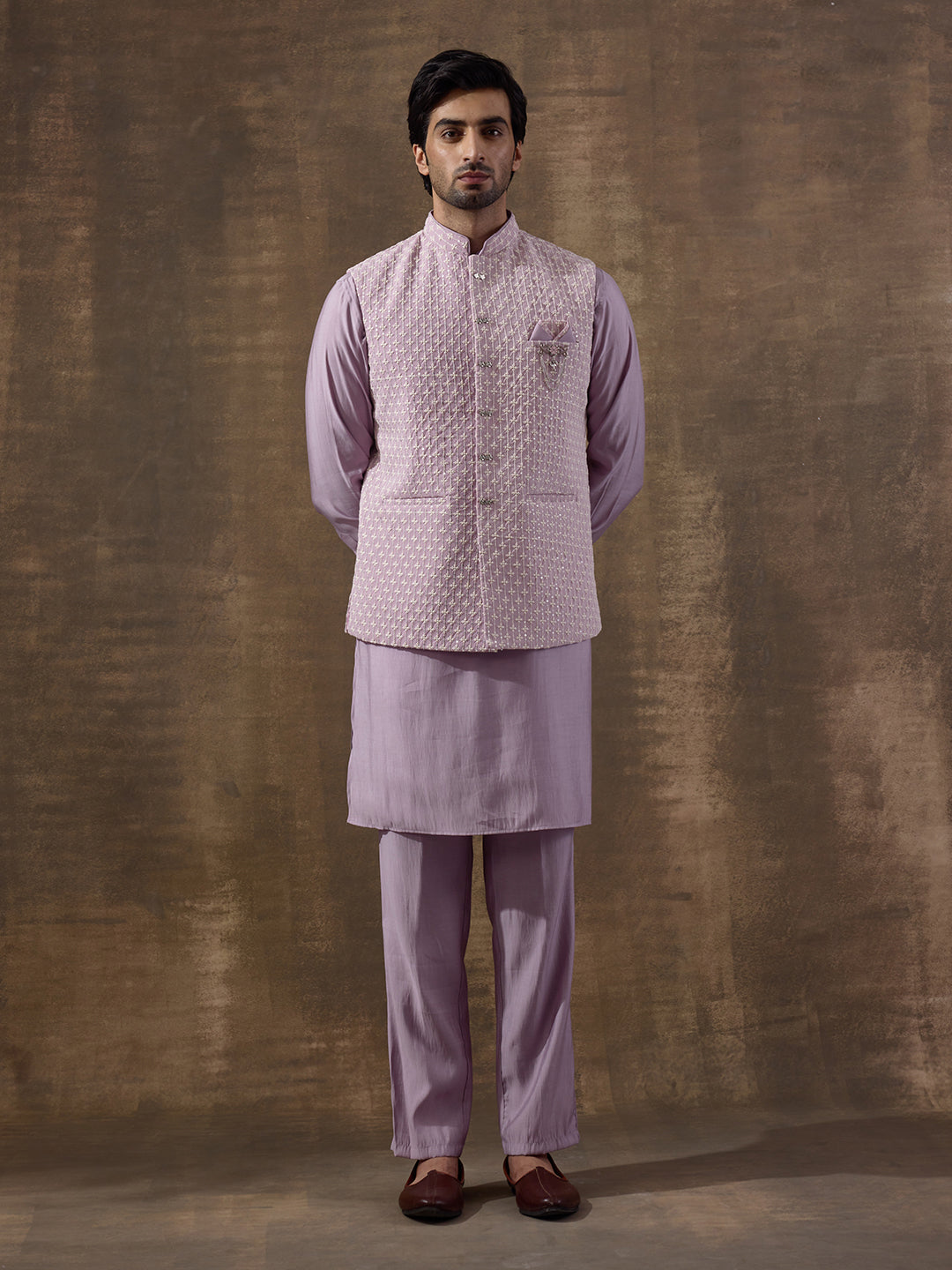 Elegant Lilac Motifs Embroidered Men's Kurta Set