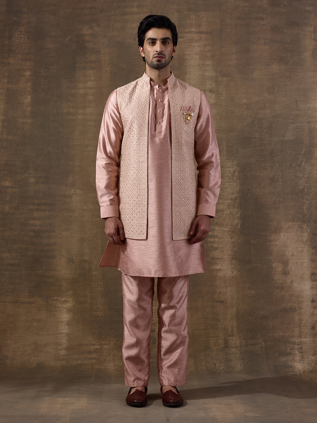 Pastel Pink Sequinned Men's Kurta Set with Long Jacket