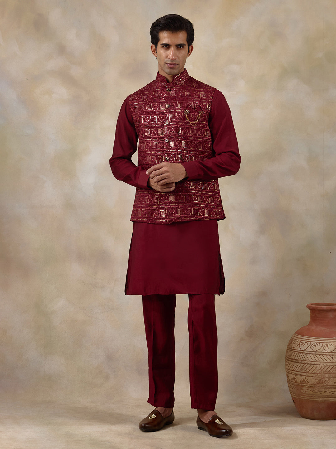 Bright Red Patterned Men's Kurta Set