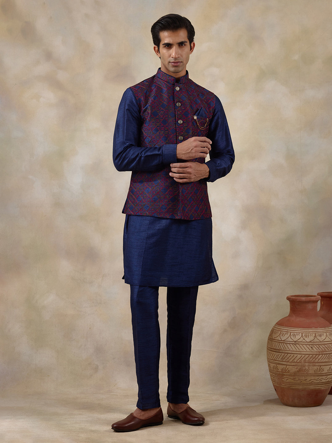 Blue Red Patterned Men's Kurta Set