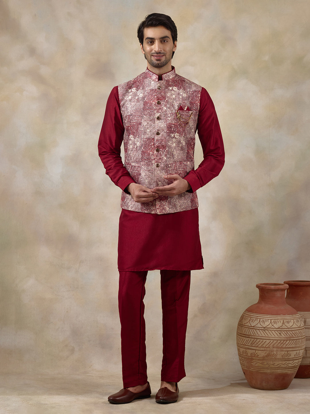 Bloody Red Patterned Men's Kurta Set