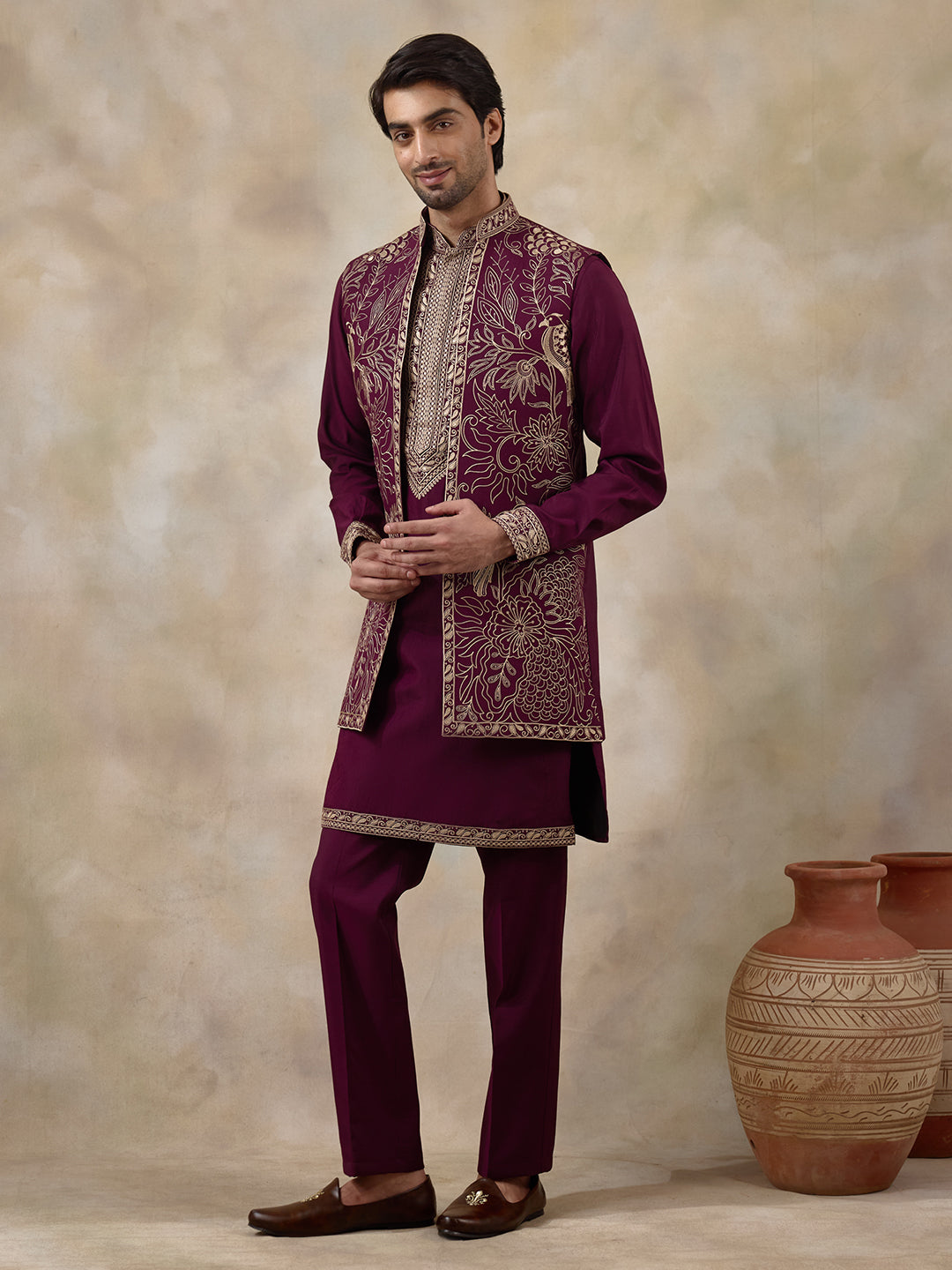 Wine Purple Bird Embroidered Men's Kurta Set with Long Jacket