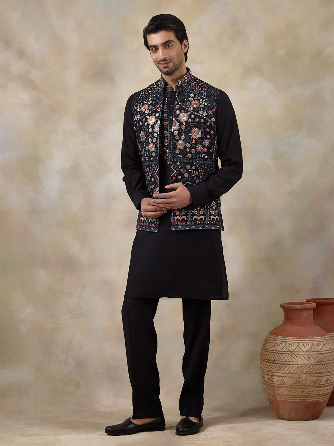 Majestic Black Floral Embroidered Men's Kurta Set with Long Jacket