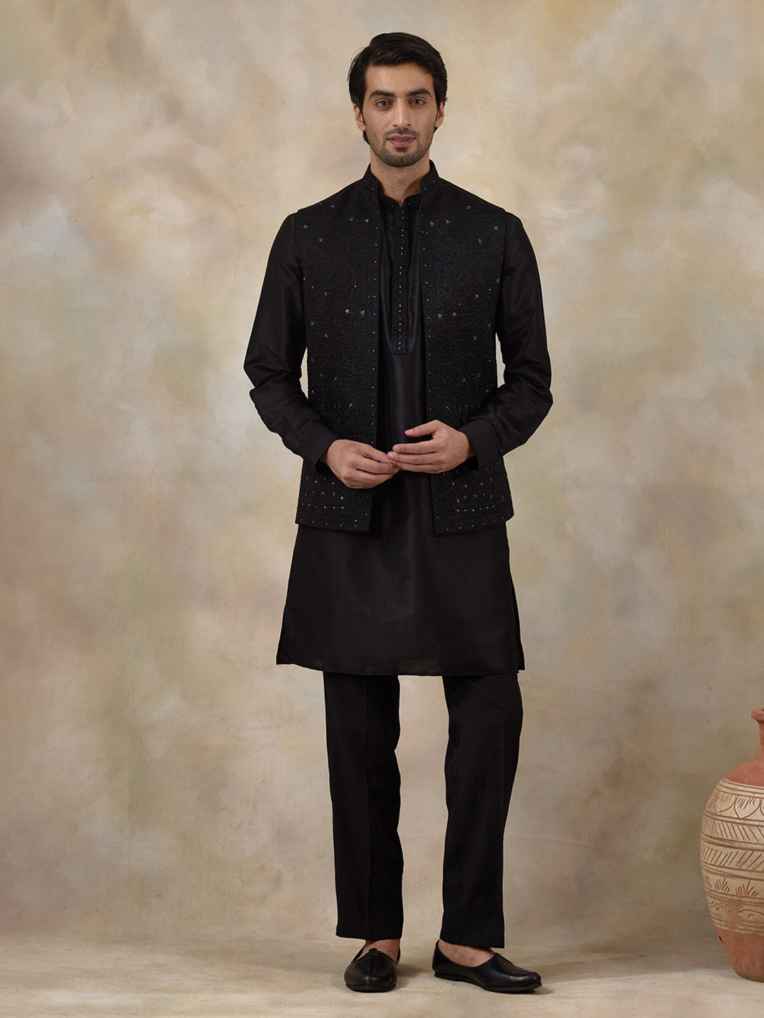 Midnight Black Sequinned Men's Kurta Set with Long Jacket