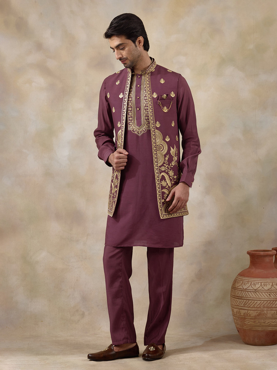 Royal Purple Aari Embroidered Men's Kurta Set with Long Jacket