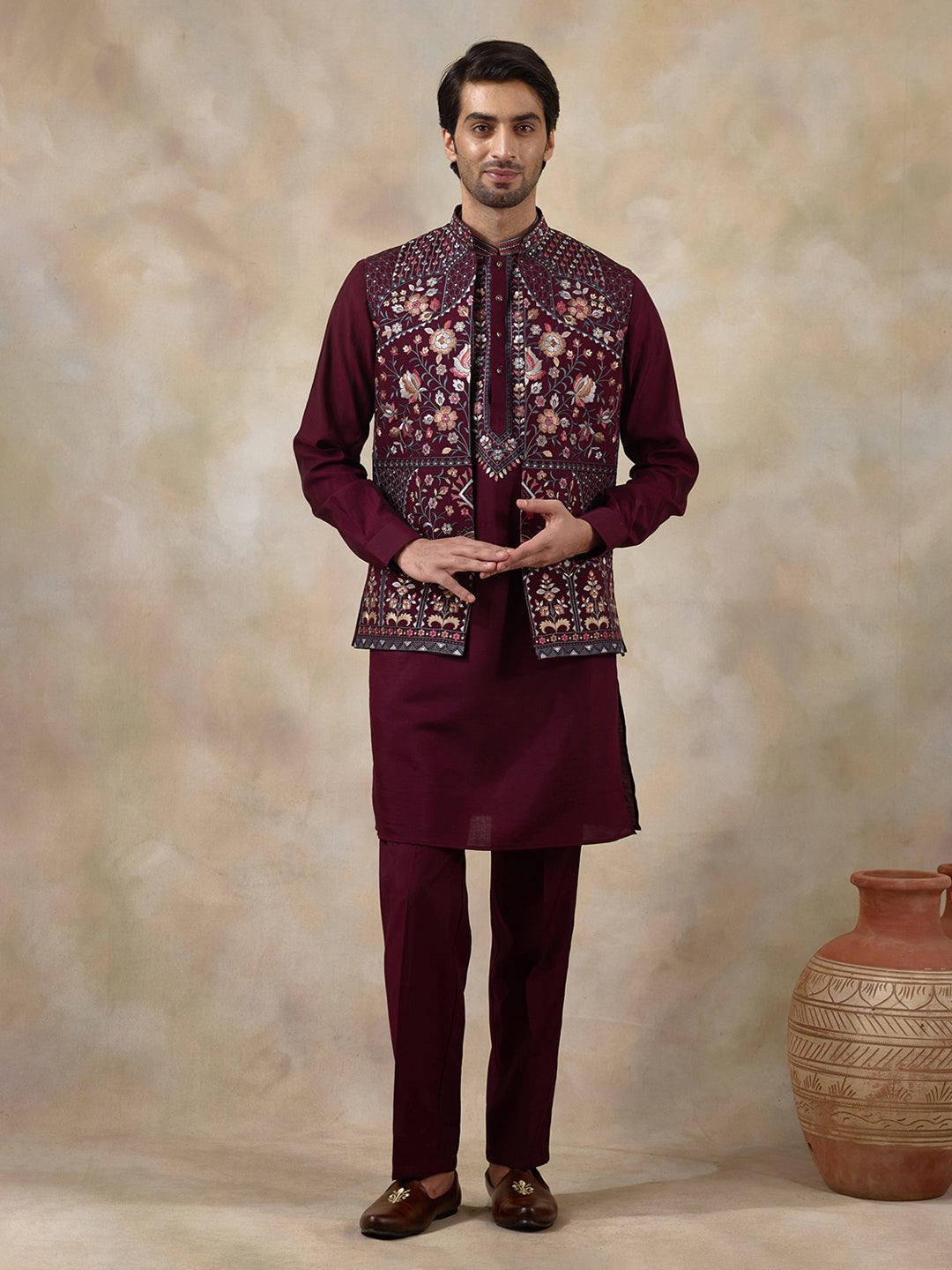 Deep Wine Floral Embroidered Men's Kurta Set with Long Jacket