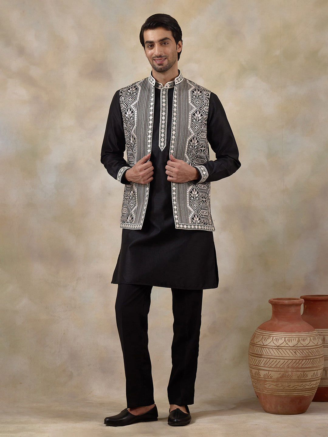 Classic Black Geometric Embroidered Men's Kurta Set with Long Jacket