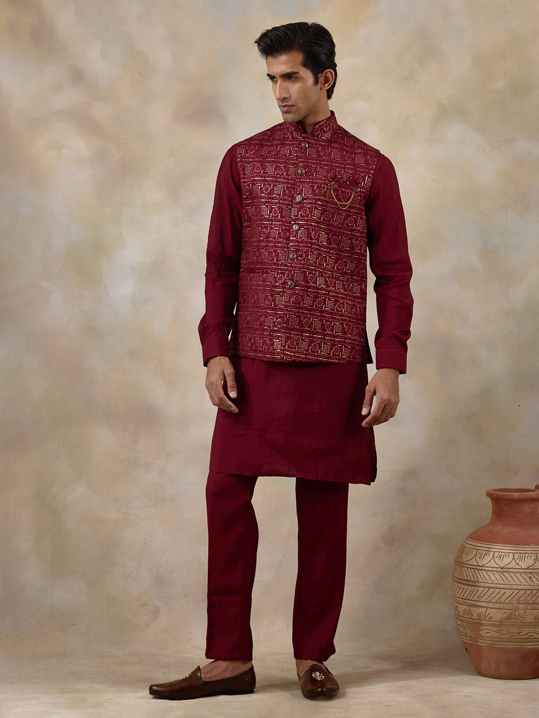 Bright Red Patterned Men's Kurta Set