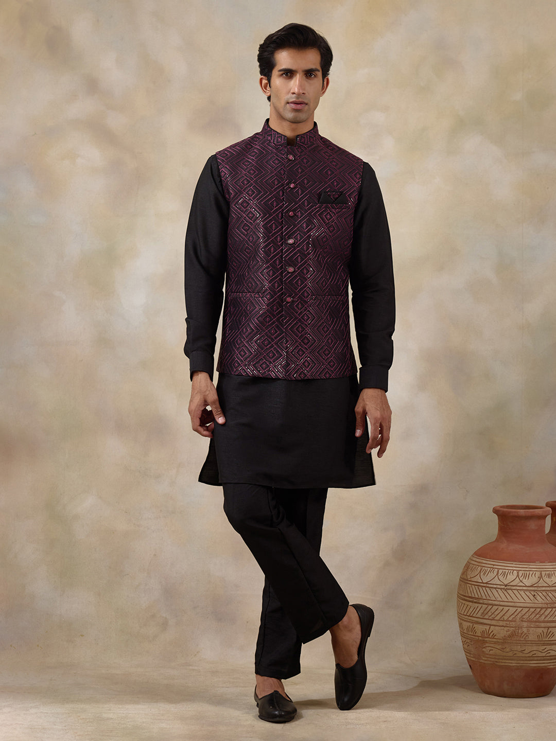 Wine Black Embroidered Men's Kurta Set