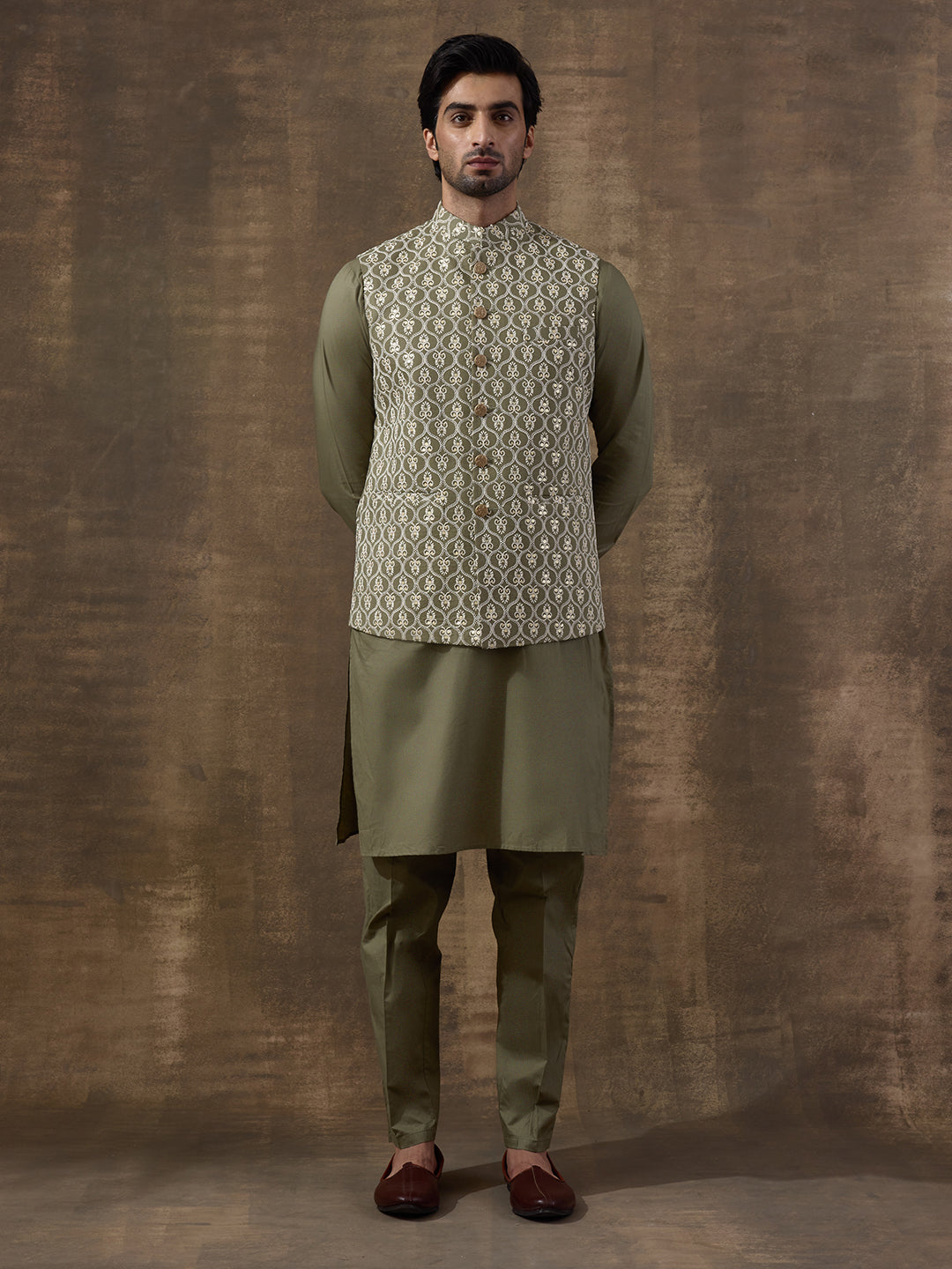 Olive Embroidered Men's Kurta Set