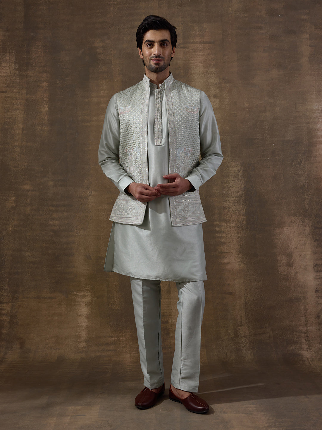 Pastel Green Elephant Motifs Embroidered Men's Kurta Set with Long Jacket
