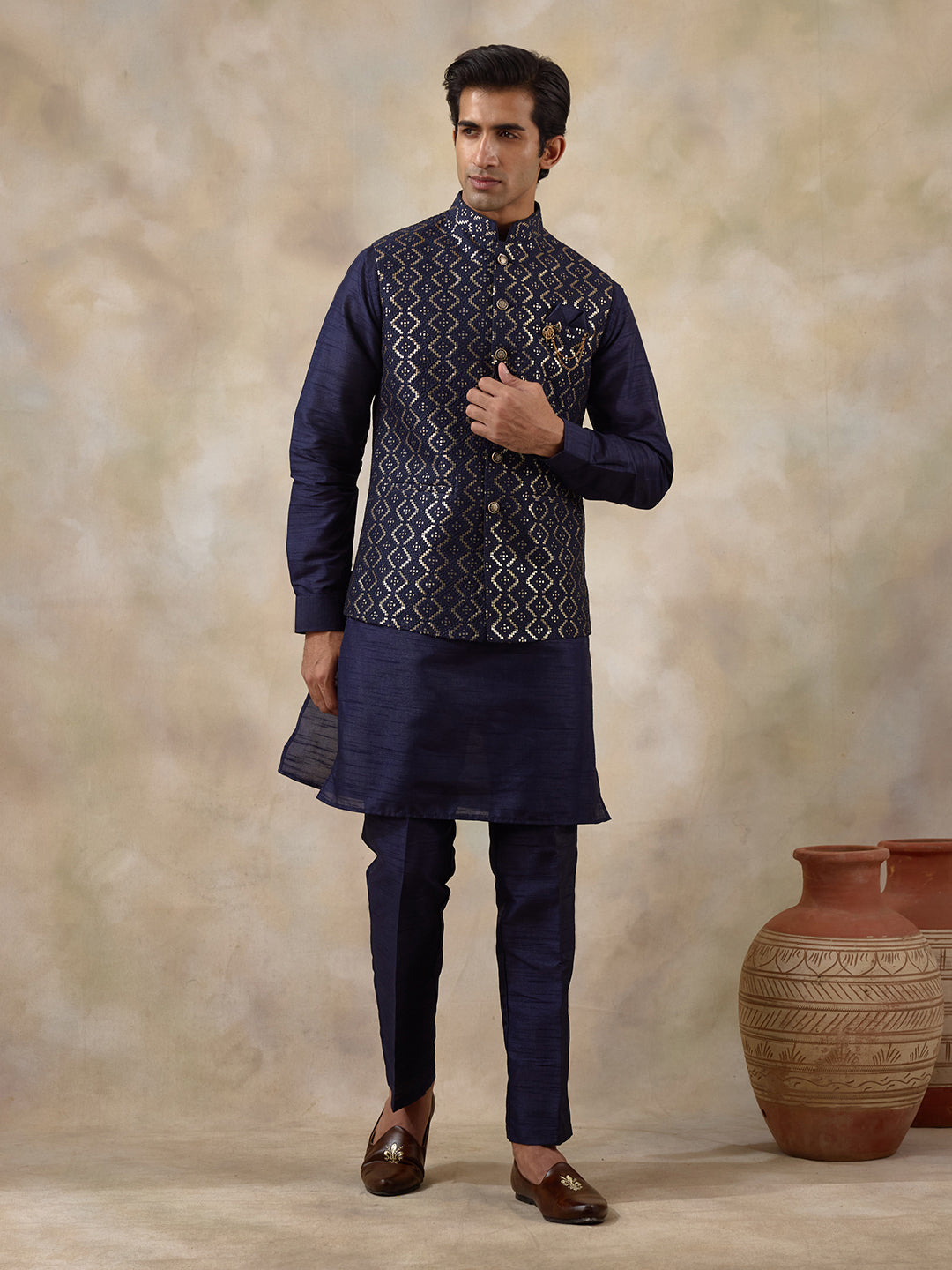 Deep Blue Sequinned Men's Kurta Set