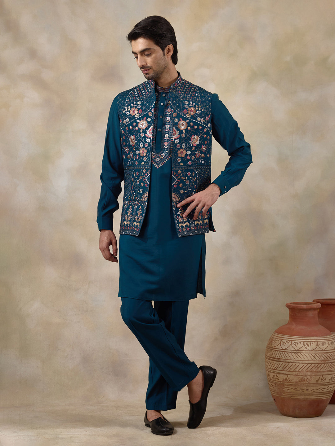 Azure Turquoise Floral Embroidered Men's Kurta Set with Long Jacket