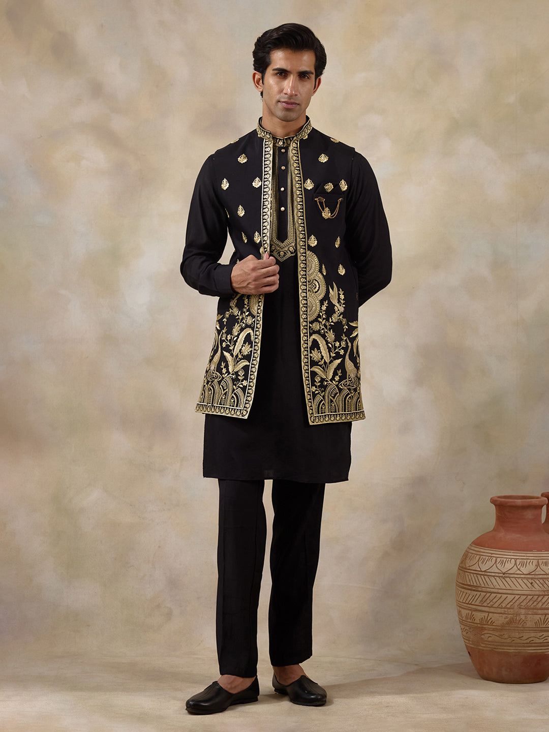 Royal Black Aari Embroidered Men's Kurta Set with Long Jacket