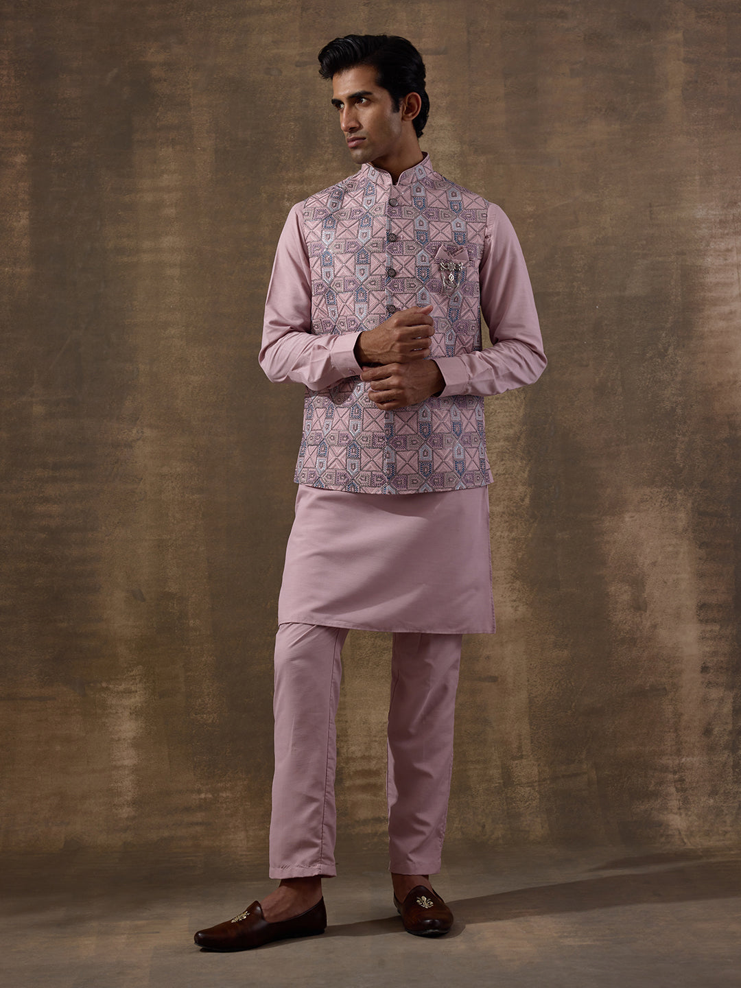 Blush Pink Mosaic Patterned Men's Kurta Set