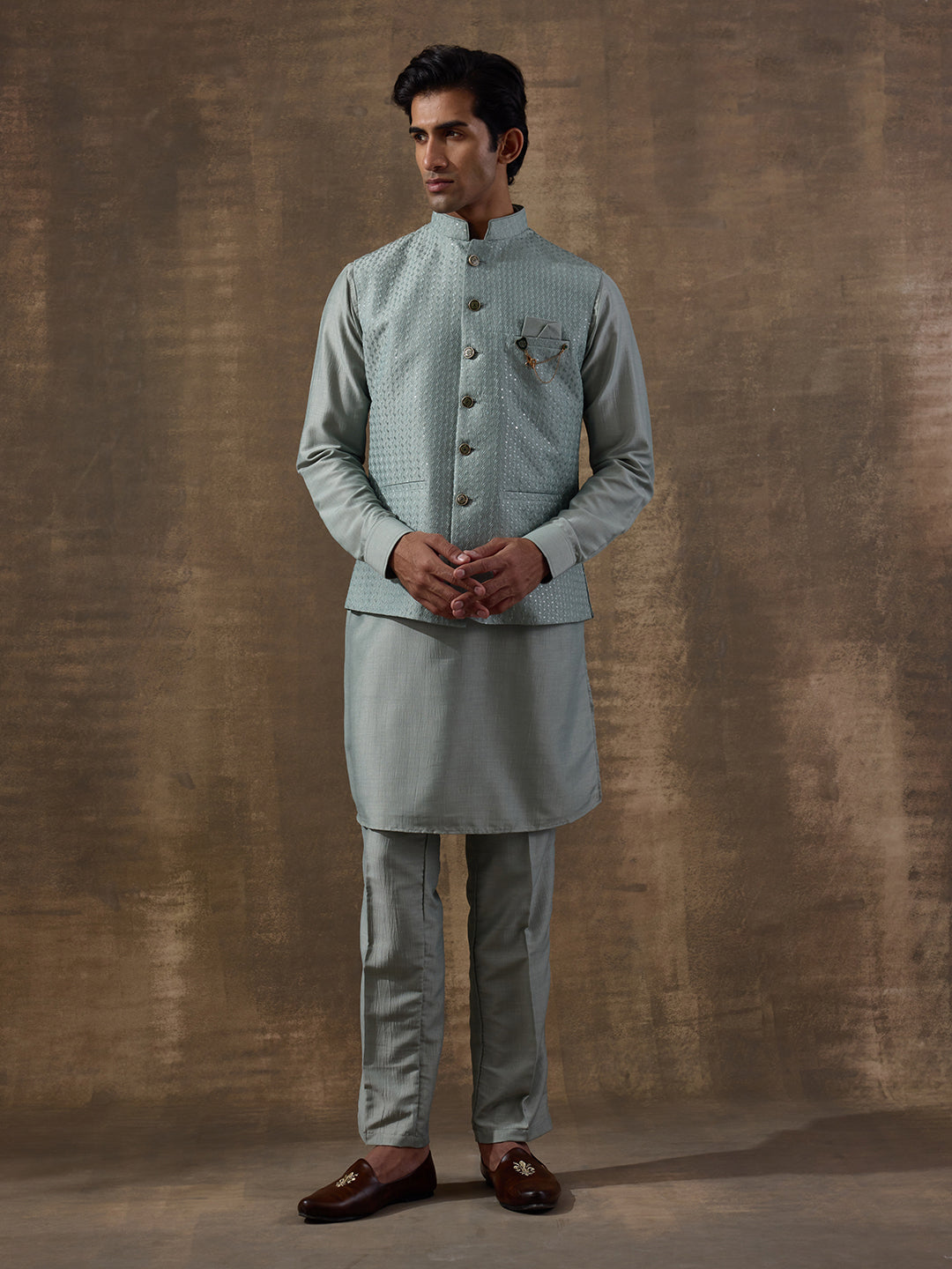 Sea Green Sequinned Men's Kurta Set