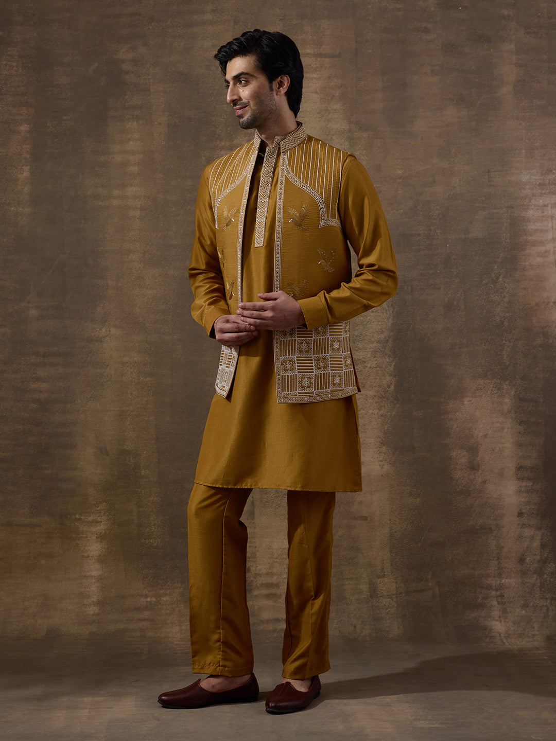 Deep Mustard Temple Embroidered Men's Kurta Set with Long Jacket