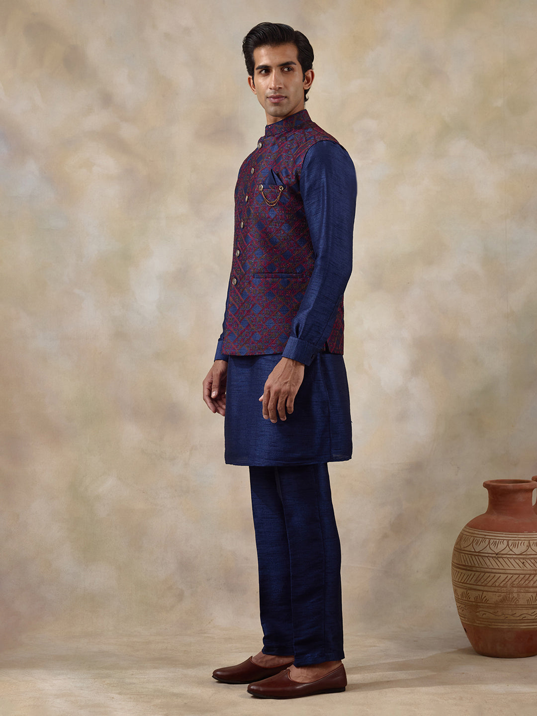 Blue Red Patterned Men's Kurta Set