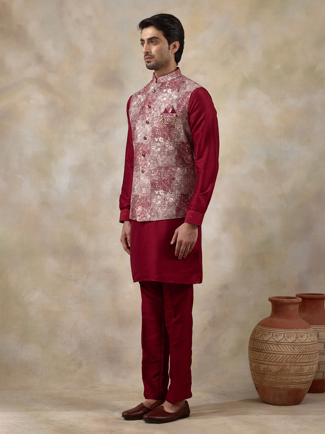 Bloody Red Patterned Men's Kurta Set