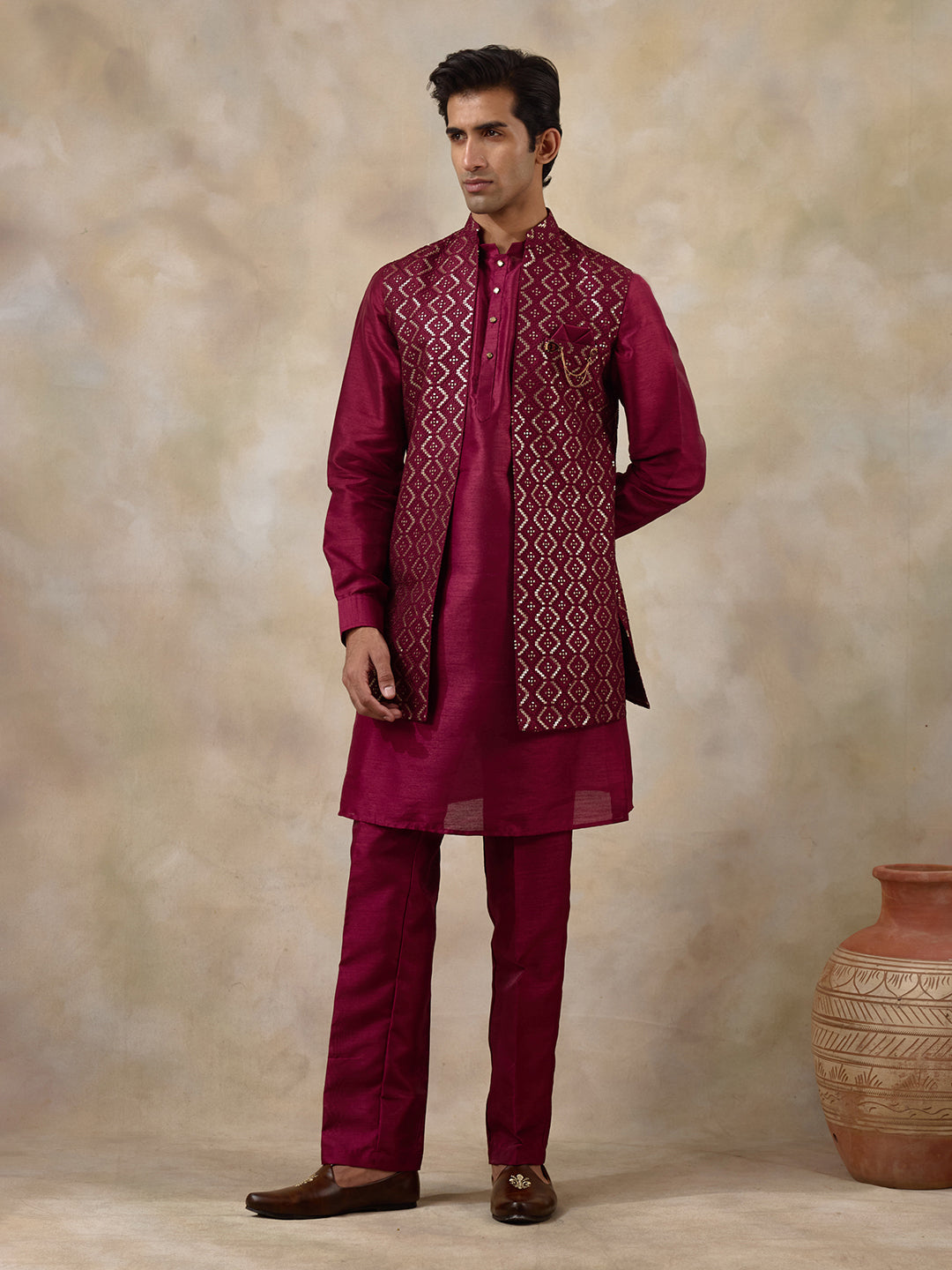 Deep Wine Sequinned Men's Kurta Set with Long Jacket