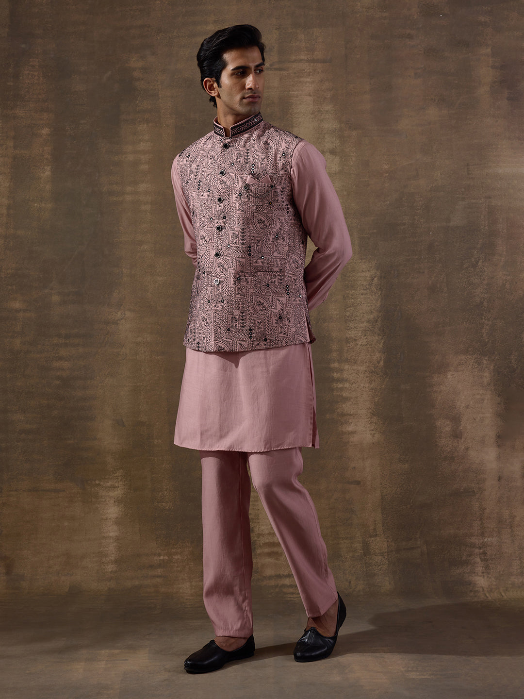 Peach Black Embroidered Men's Kurta Set