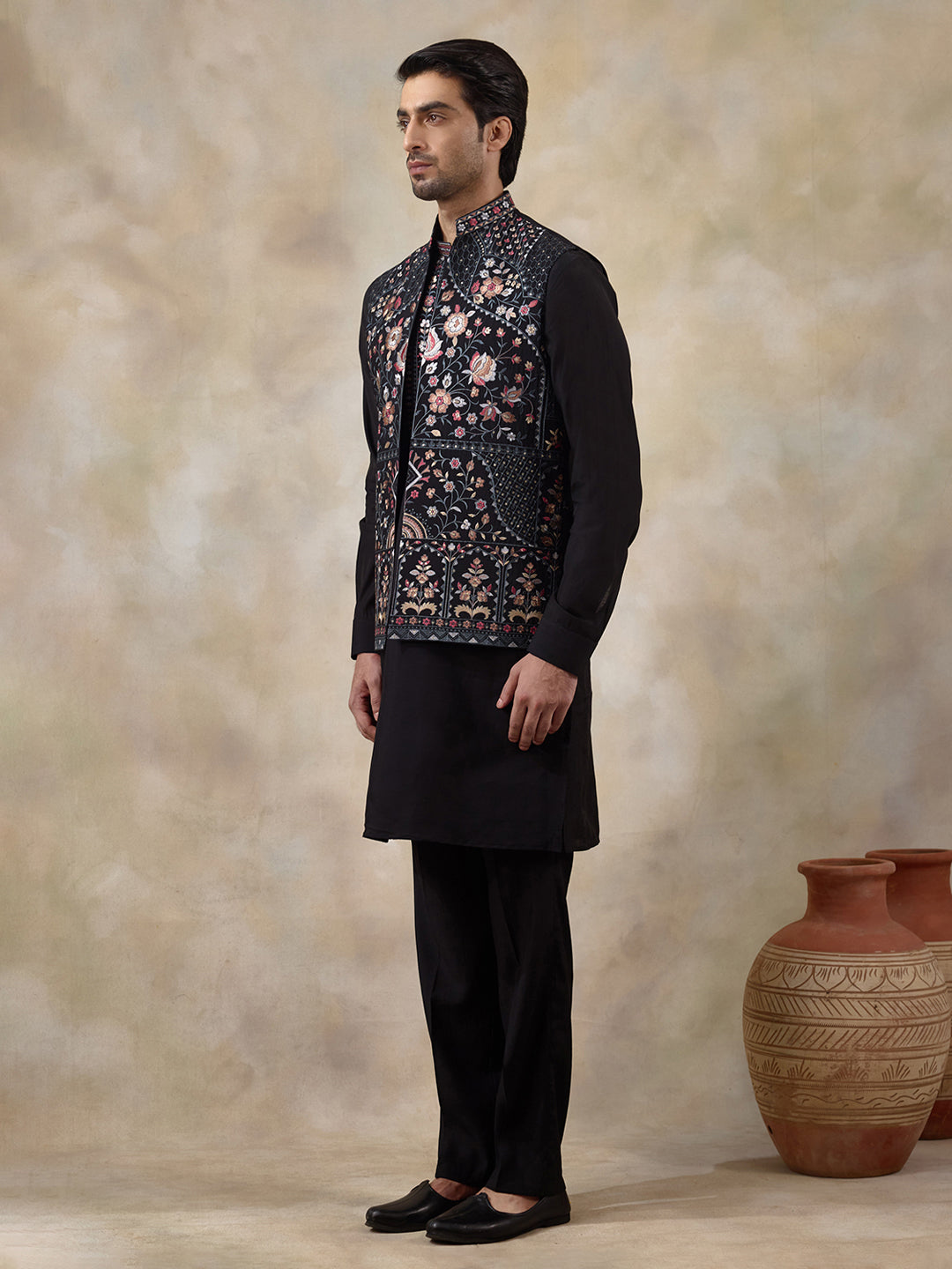 Majestic Black Floral Embroidered Men's Kurta Set with Long Jacket