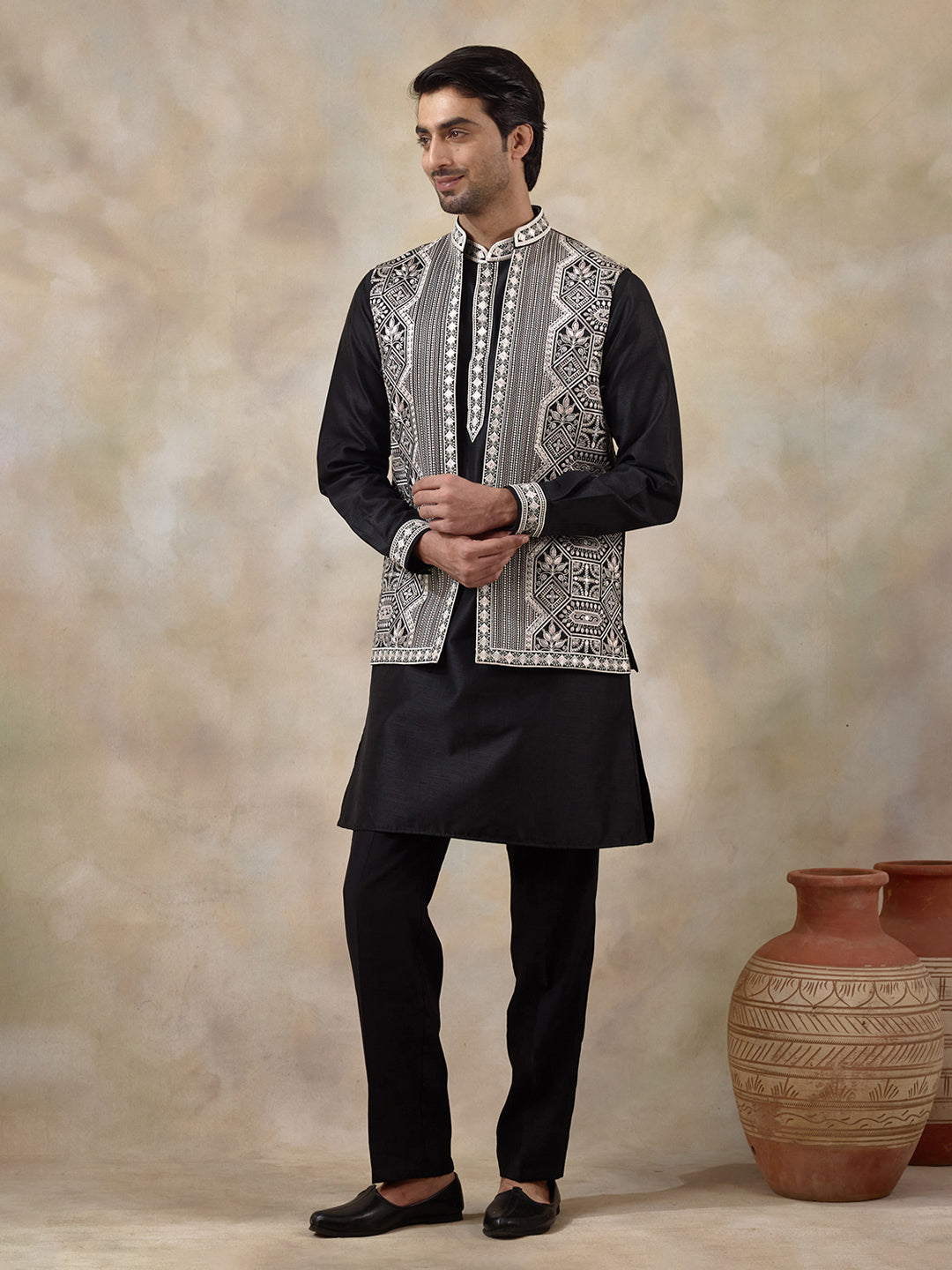 Classic Black Geometric Embroidered Men's Kurta Set with Long Jacket