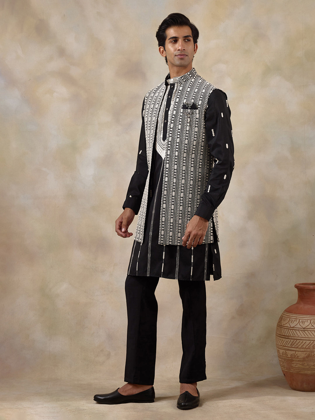 Black Chikankari Embroidered Men's Kurta Set with Long Jacket