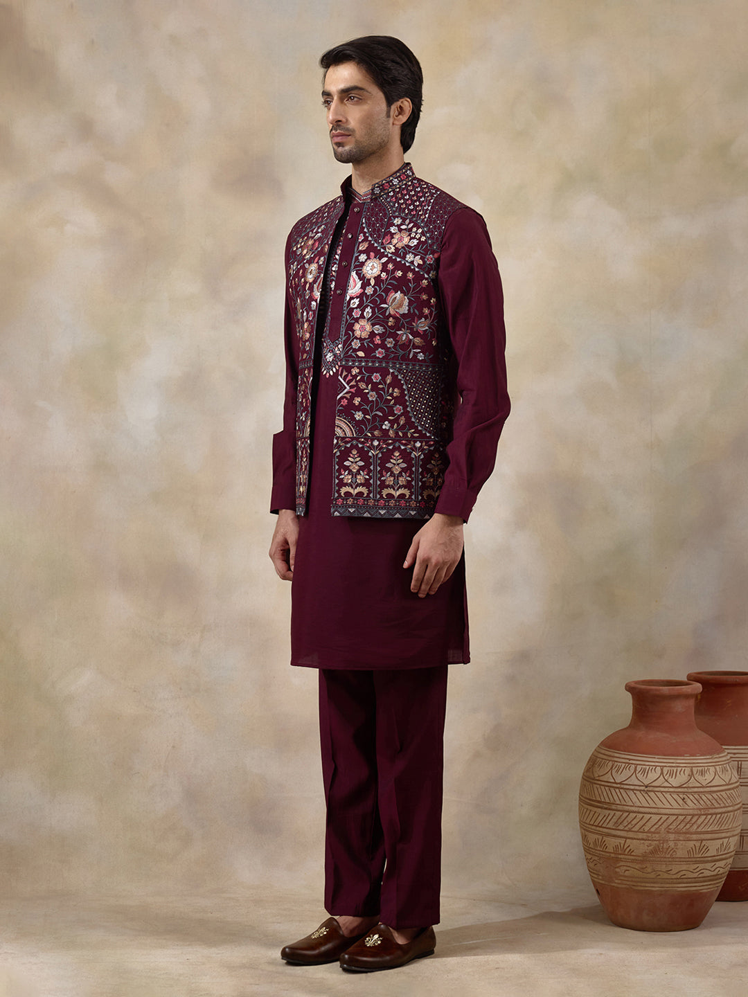 Deep Wine Floral Embroidered Men's Kurta Set with Long Jacket