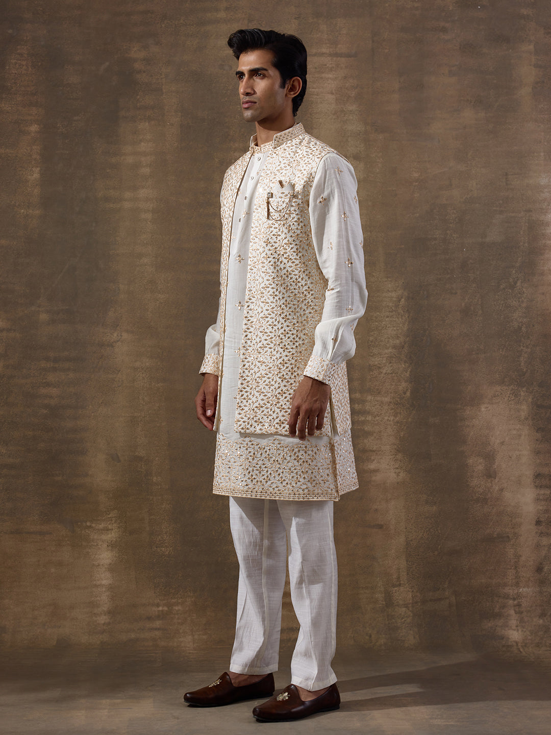 Starry White Mirrored Men's Kurta Set with Long Jacket