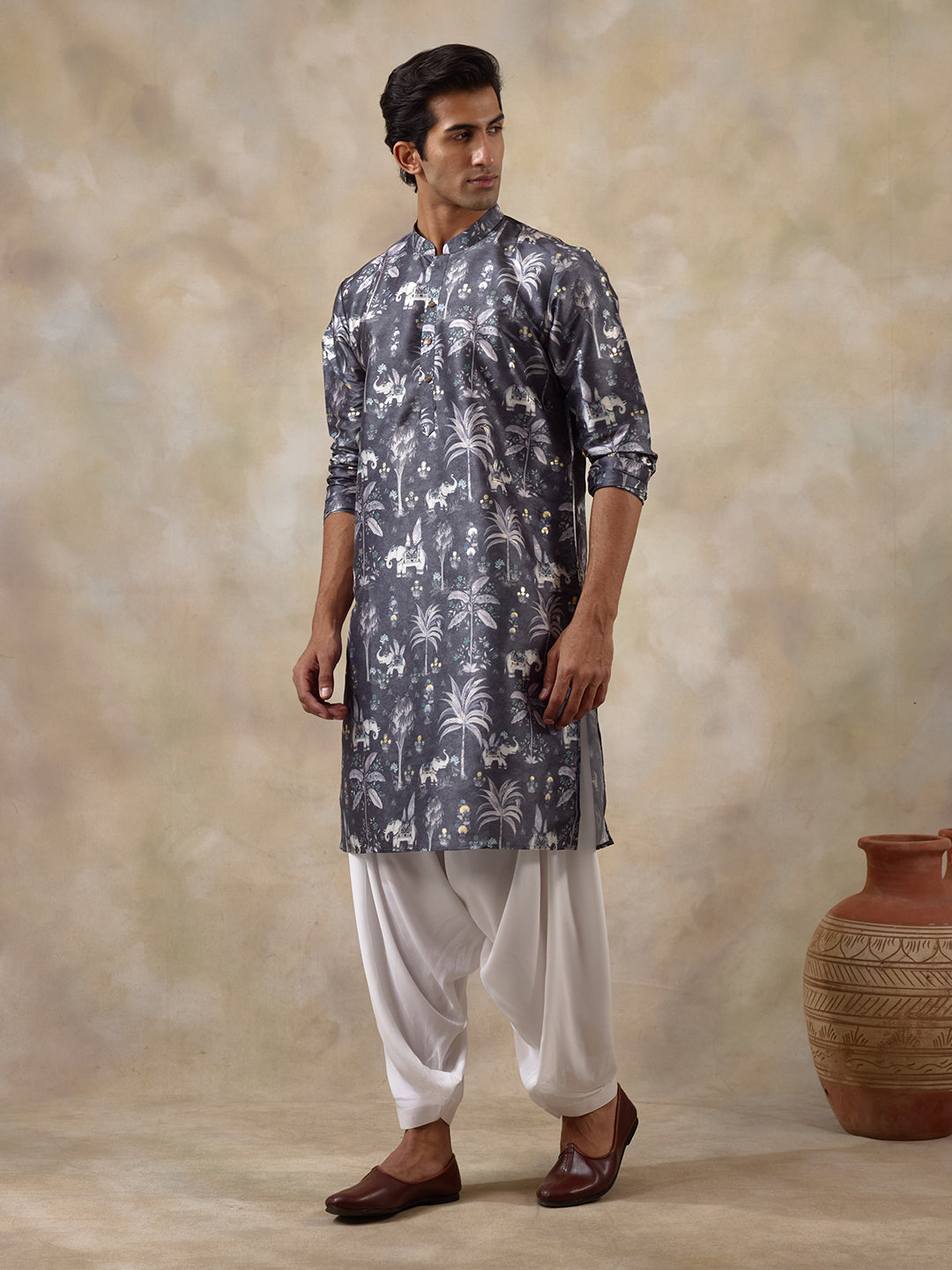 Palm Grey Printed Men's Kurta