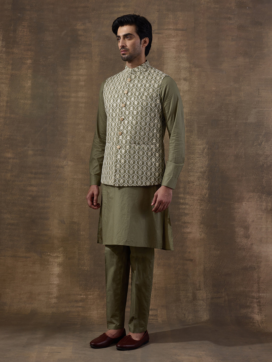 Olive Embroidered Men's Kurta Set