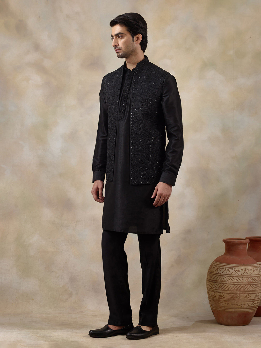 Midnight Black Sequinned Men's Kurta Set with Long Jacket