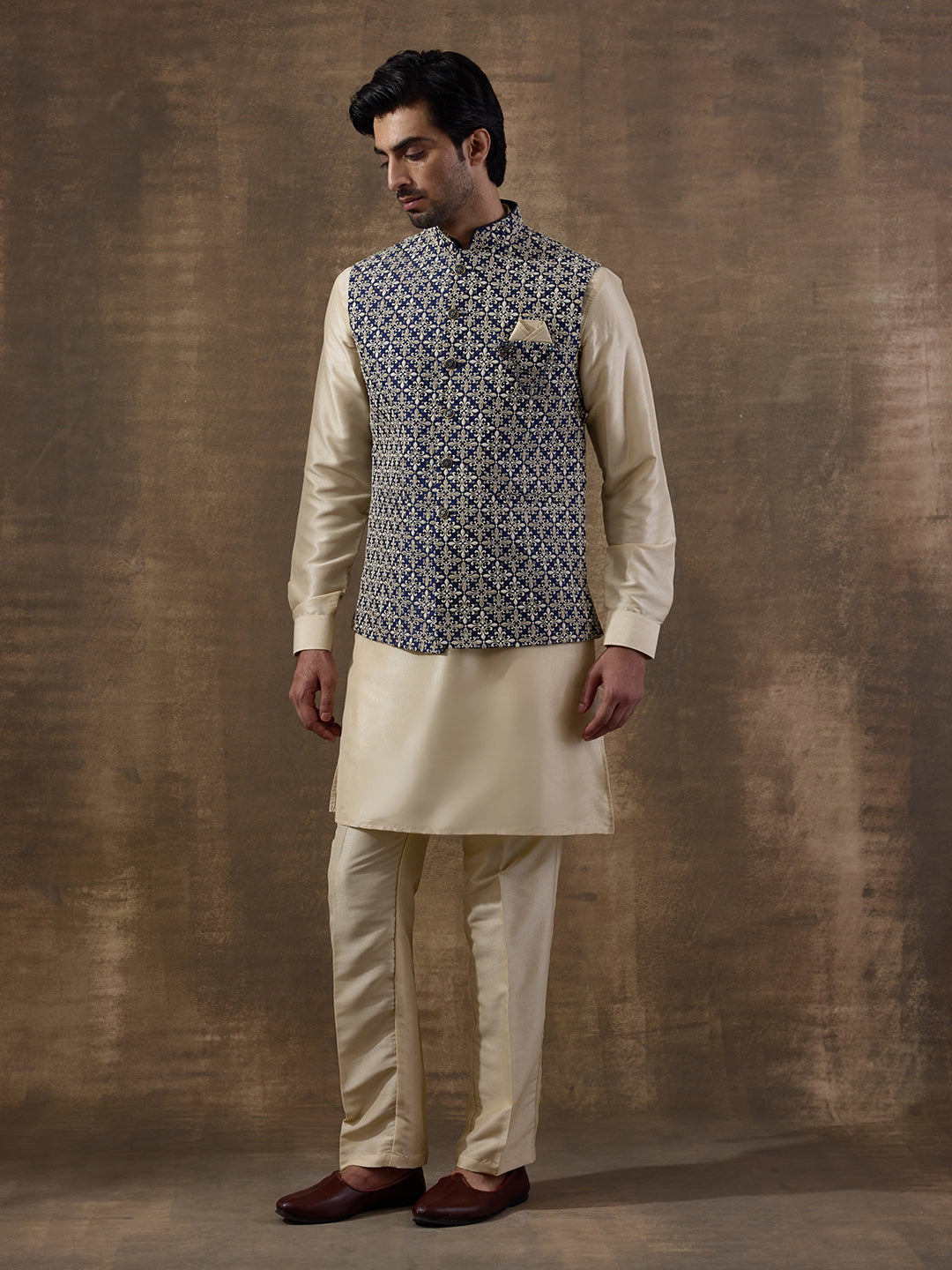 Traditional Motifs Beige Embroidered Men's Kurta Set