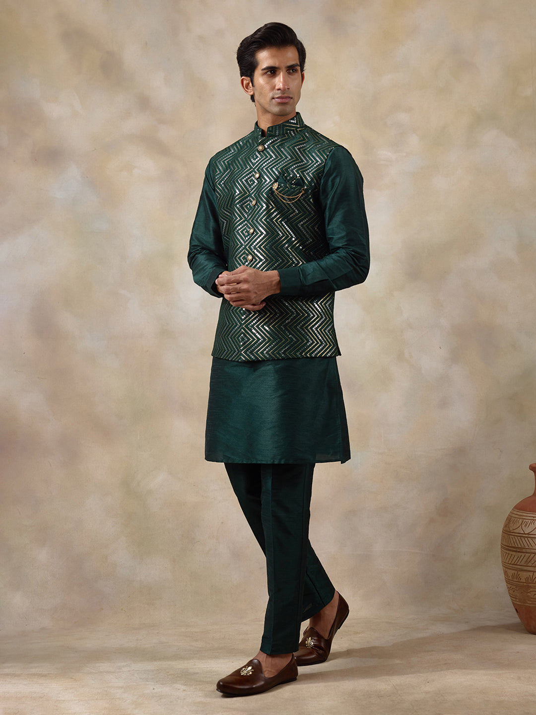 Bottle Green Sequinned Men's Kurta Set