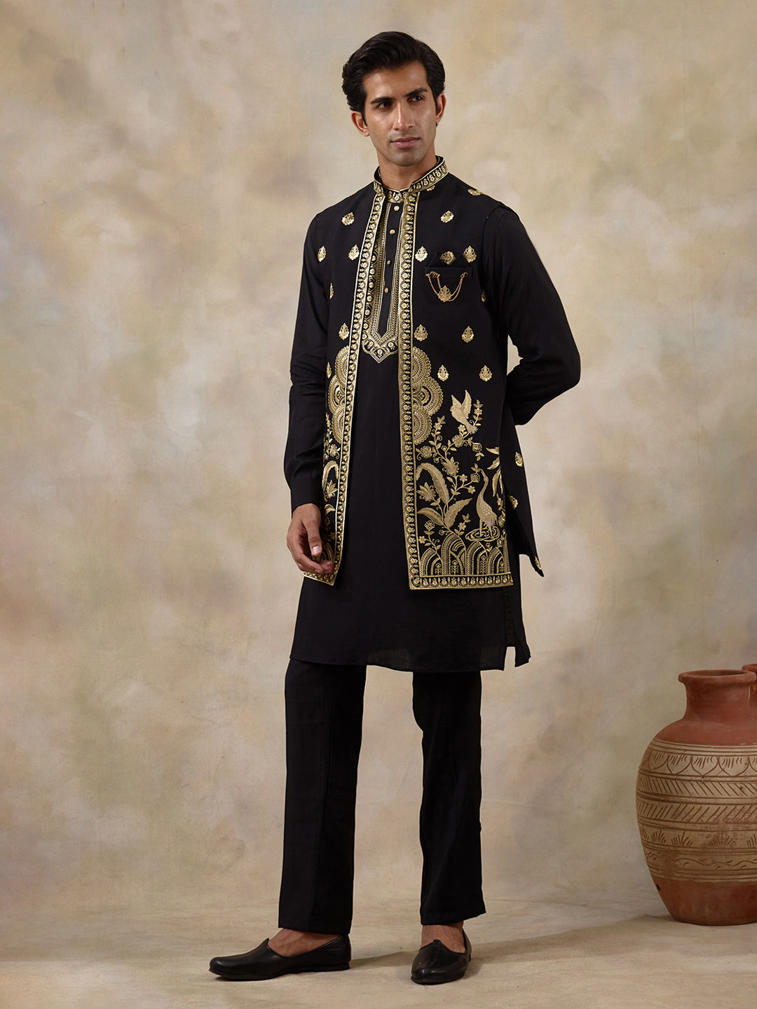 Royal Black Aari Embroidered Men's Kurta Set with Long Jacket