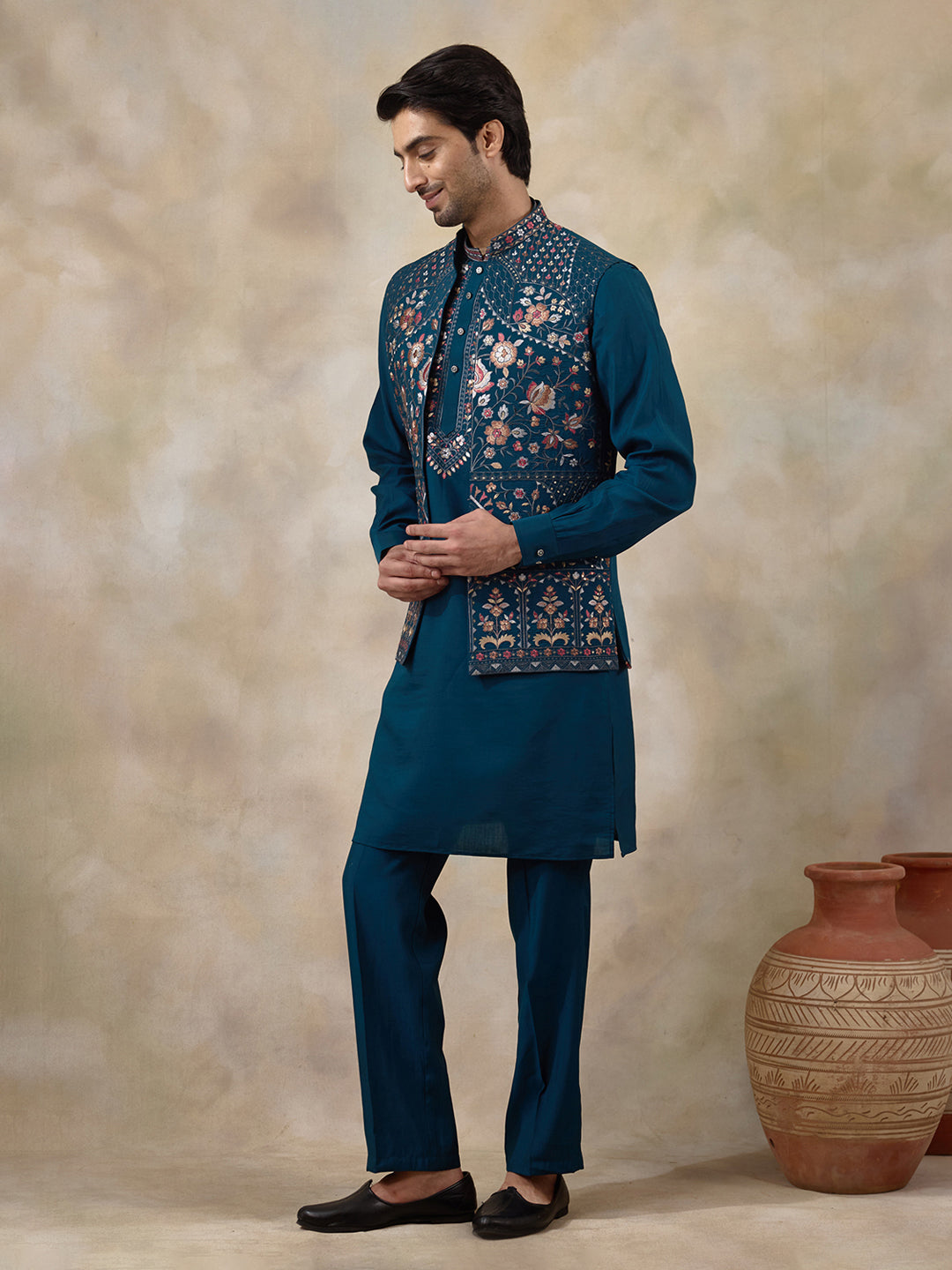 Azure Turquoise Floral Embroidered Men's Kurta Set with Long Jacket