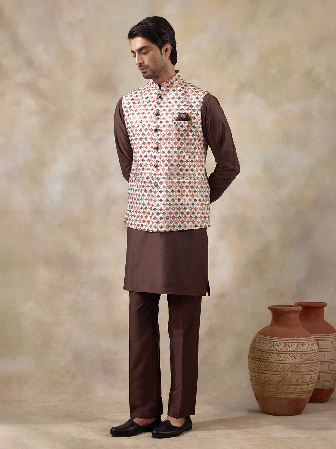 Brown Multicolour Patterned Men's Kurta Set