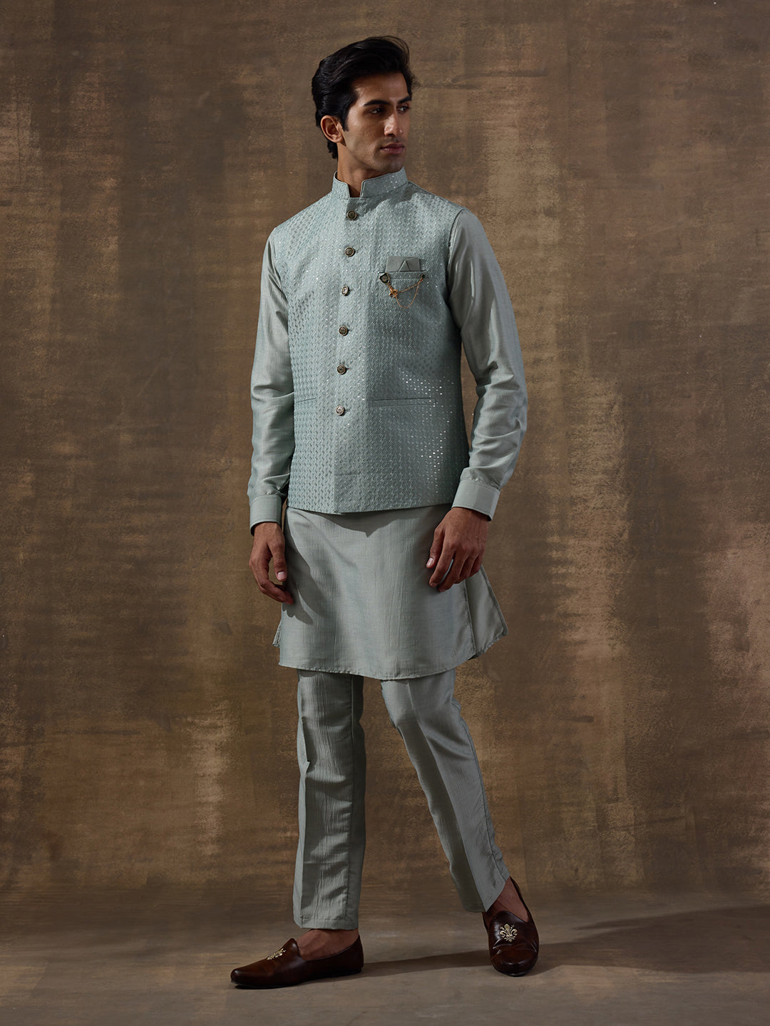 Sea Green Sequinned Men's Kurta Set