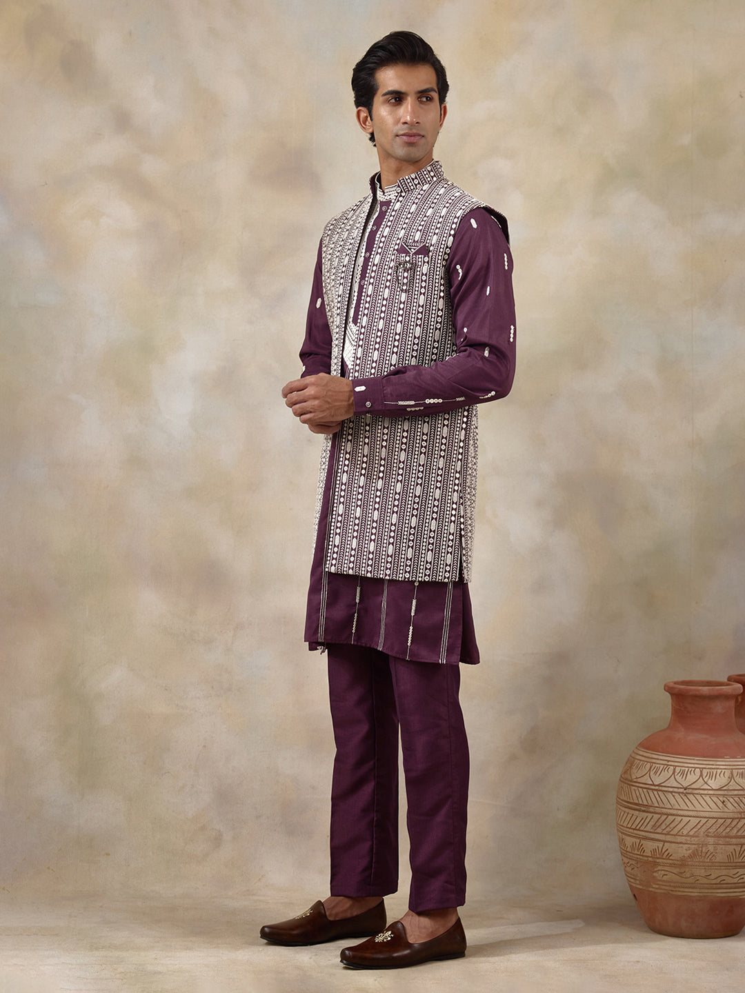 Purple Chikankari Embroidered Men's Kurta Set with Long Jacket