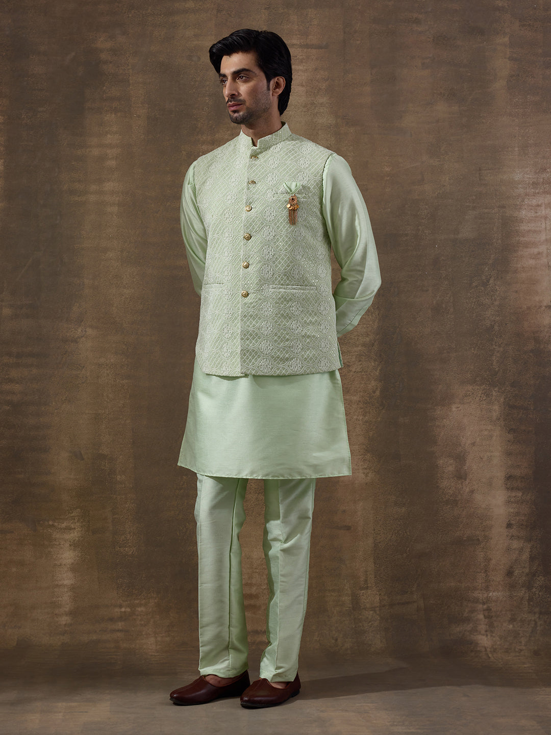 Pastel Green Motifs Embroidered Men's Kurta Set